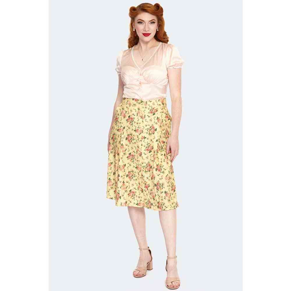 Voodoo Vixen - Vintage Floral Button Front Rok - Geel